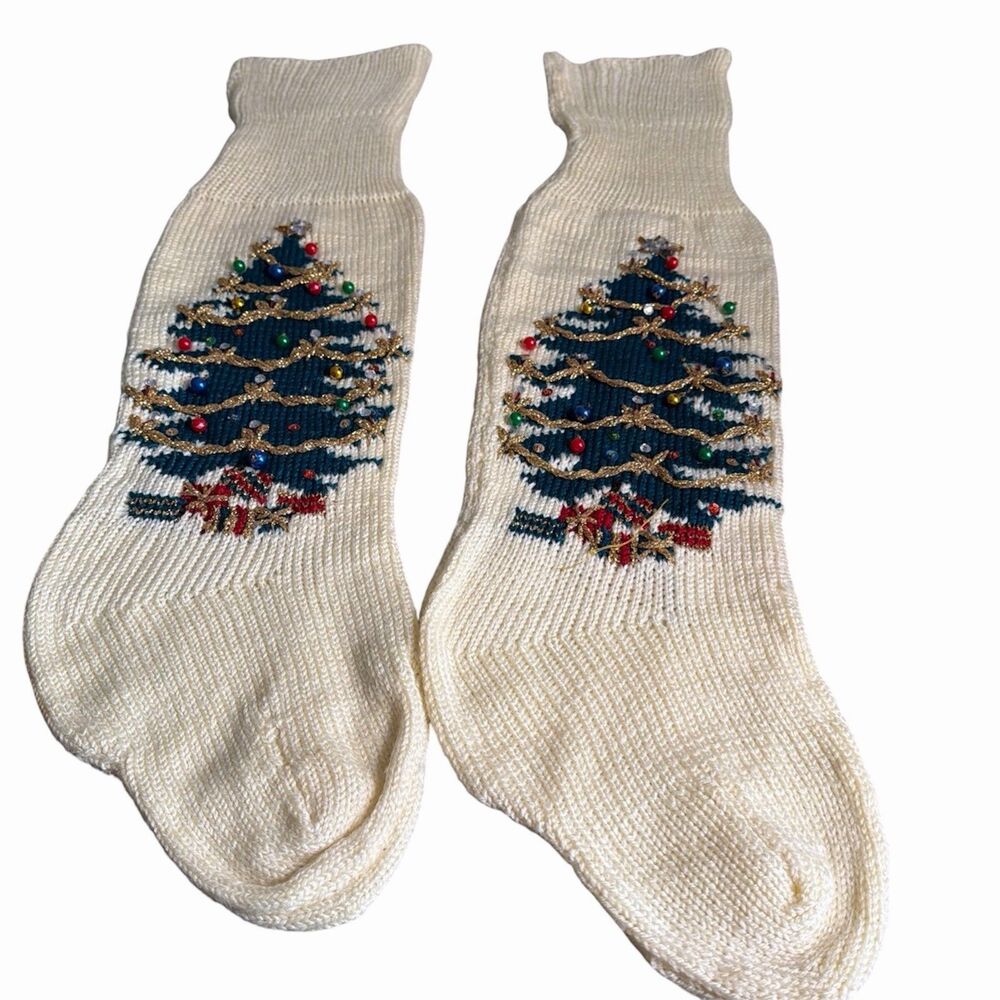 Vintage Hand Knit Beaded Christmas Stocking Pair Heirlooms Holiday Tree Set of 2